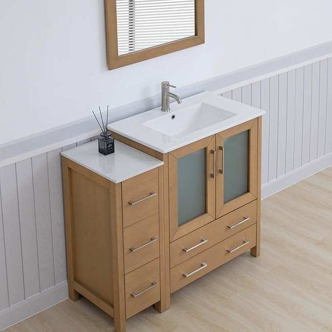 Vanity Art 42 Inch Under Mount Single Sink Bathroom Vanity Cabinet with 1 Mirror, Ceramic Top Bathroom Cabinet Compact Set with 5 Dovetail Storage Drawers, Brushed Nickel Handles, VA3030-42-NO