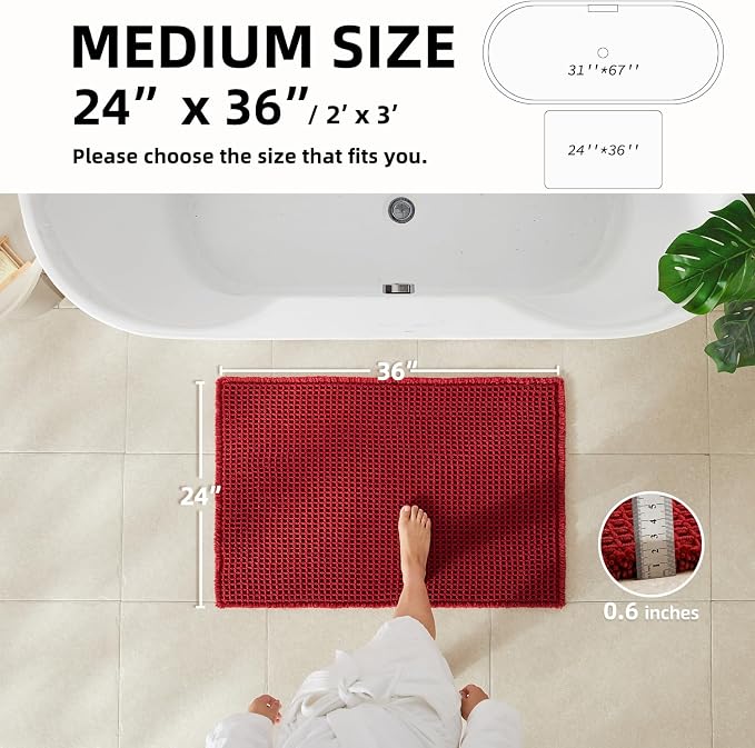 TYUU Waffle Bath Mat, Boho Bathroom Rugs Non Slip, 36x24 Burgundy | Super Absorbent Quick Dry Bath Rug, Non-Slip Backing, Soft Waffle Washable Farmhouse Bathroom Mats, Tub, Shower & Home Decor