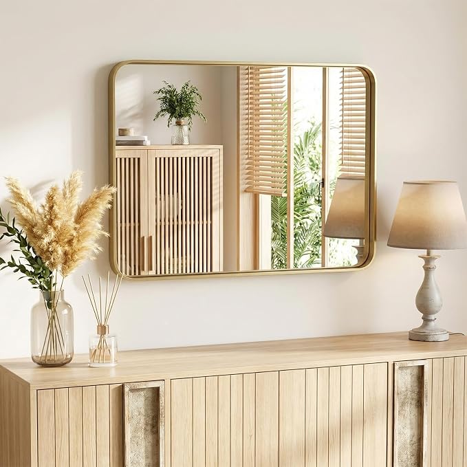Sweetcrispy Bathroom Mirror 40x32 Inch, Vanity Mirror for Wall | Metal Framed Rounded Rectangle, Over Sink, Farmhouse Restroom, Anti-Rust, Horizontal or Vertical Hanging, Gold