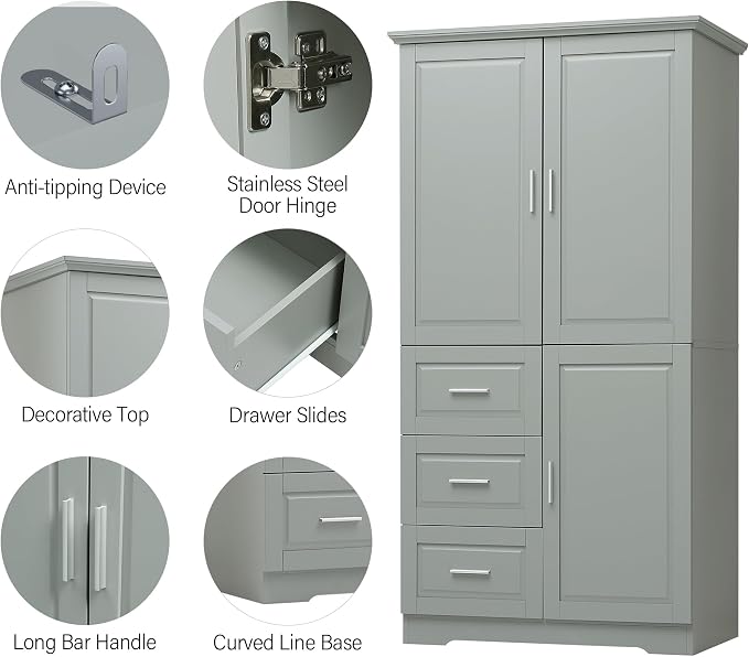 Merax 62.2" Pantry Cabinet with Three Doors & Three Drawers, Adjustable Shelves Storage Cupboard for Kitchen/Dining Room/Bathroom, Gray