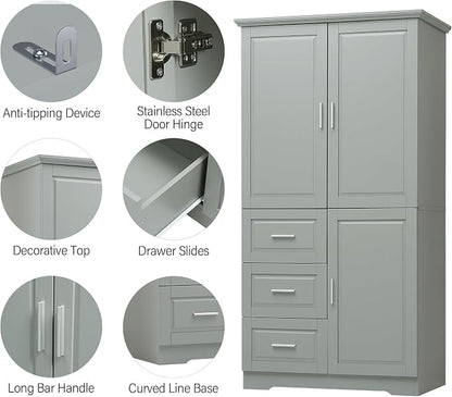 Merax 62.2" Pantry Cabinet with Three Doors & Three Drawers, Adjustable Shelves Storage Cupboard for Kitchen/Dining Room/Bathroom, Gray