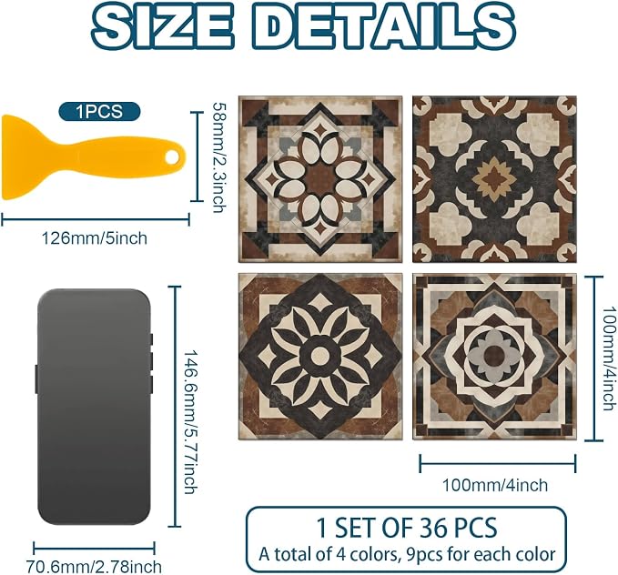 36 Pcs 4 Style Tile Stickers Brown Patterns Peel and Stick Black Patterns Wall Tile Stickers Waterproof Self Adhesive Geometric Stick on Tiles Decals for Kitchen Wall Art Decor, 4×4 Inch