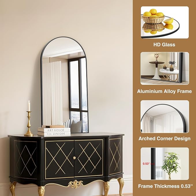 COFENY Arched Mirror, 20’’x40’’ Black Arch Mirror for Bathroom, Arched Bathroom Mirror with Frame, Modern Wall Mounted Mirror for Over Sink Mantle Bedroom Vanity Living Room Entryway