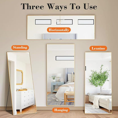 DUMOS Full Length Mirror 24"x 65" for Bedroom, Full Body Mirror with Stand, Hanging or Leaning for Wall, Aluminum Alloy Thin Frame Floor Standing for Living Room, Long, Gold