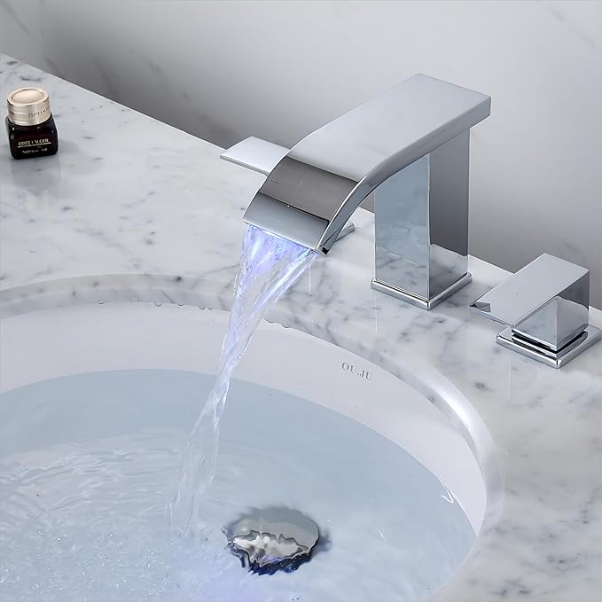 Bathroom faucets 3 Hole Widespread LED Light Bathroom Sink Faucet 8 inch Modern Bathroom Waterfall 3 Hole Vanity Chrome Faucet with Pop Up Drain(Chrome)