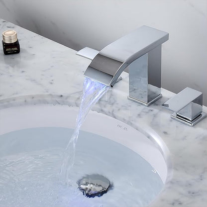 Bathroom faucets 3 Hole Widespread LED Light Bathroom Sink Faucet 8 inch Modern Bathroom Waterfall 3 Hole Vanity Chrome Faucet with Pop Up Drain(Chrome)