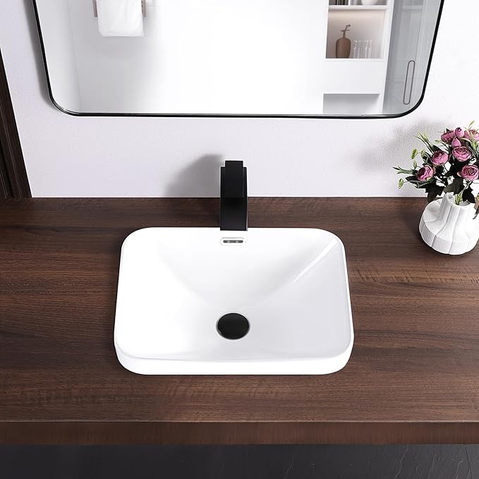 Bathroom Vessel Sink 18.2'' x 13.3'' Semi Recessed Bathroom Sink Rectangular Drop-in Vanity Sink with Overflow White Ceramic Modern Art Basin