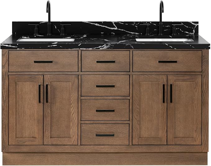 ARIEL Hepburn 60 Inch Double Rectangle Sink Bathroom Vanity with Nero Marquina Black Quartz Countertop 1.5 Inch in Brown Oak