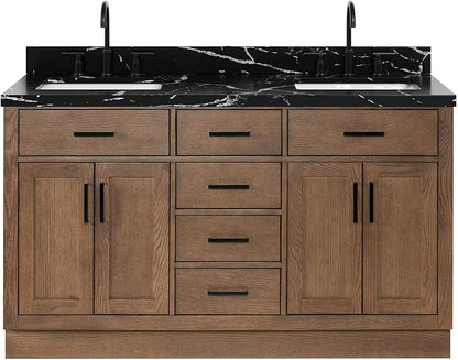 ARIEL Hepburn 60 Inch Double Rectangle Sink Bathroom Vanity with Nero Marquina Black Quartz Countertop 1.5 Inch in Brown Oak