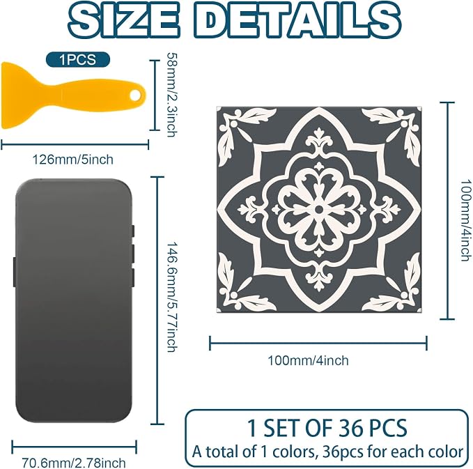 36 Pcs Beige Pattern Peel and Stick Wall Tile Stickers, 4x4inch | Vintage Gray Patterns Wall Tile Stickers Waterproof Self Adhesive Stick on Tiles Decals for Kitchen Bathroom Wall Art Decor