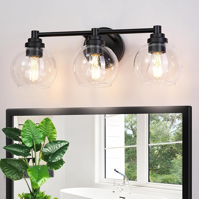 Upgrade Matte Black Bathroom Light Fixtures, Modern Vanity Light with Globe Glass Shade, 3-Light Bathroom Lights Over Mirror, Vanity Lights for Bathroom Bedroom Kitchen Hallway Living Room