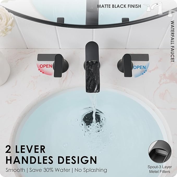 Matte Black Widespread Bathroom Sink Faucet 3 Hole, 8 Inch Waterfall Faucet for Bathroom Sink with Pop-Up Drain and cUPC Supply Lines, 2 Handles for Vanity Lavatory Restroom, Brass Material