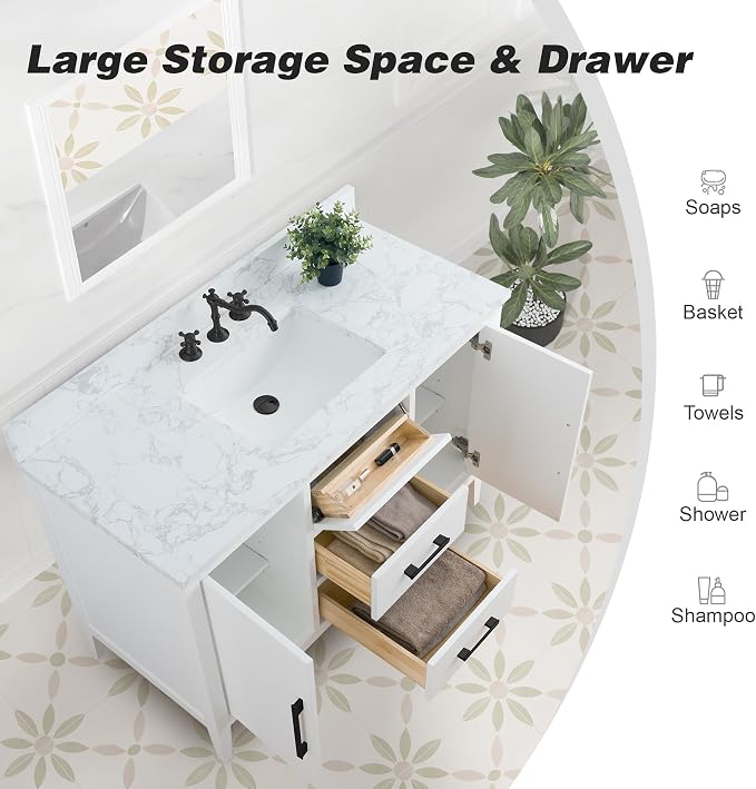 48 Inch Bathroom Vanity with Sink & Ceramic Top, Single Vanity Cabinet with Basin, Soft-Closing Doors & Matte Black Hardware, White