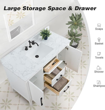 48 Inch Bathroom Vanity with Sink & Ceramic Top, Single Vanity Cabinet with Basin, Soft-Closing Doors & Matte Black Hardware, White