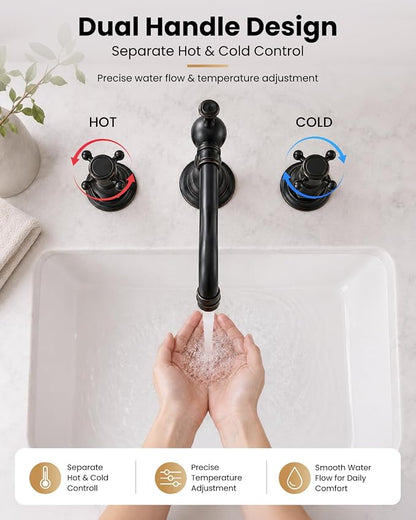 gotonovo 3 Hole 8’’ Widespread Bathroom Sink Faucet Oil Rubbed Bronze | Vintage Bathroom Faucet,2 Cross Handle,6-16’’ Sink,Vanity,Basin,RV,Farmhouse,SUS304,24’’ cUPC Hose Pop Up Drain,Deck Mount