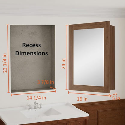 Buruis 16 x 24 Inch Walnut Grain Medicine Cabinet with Mirror, Recessed or Wall-Mounted Wood Storage Cabinet for Bathroom, Adjustable Shelves, Soft-Close Hinges, Rectangle