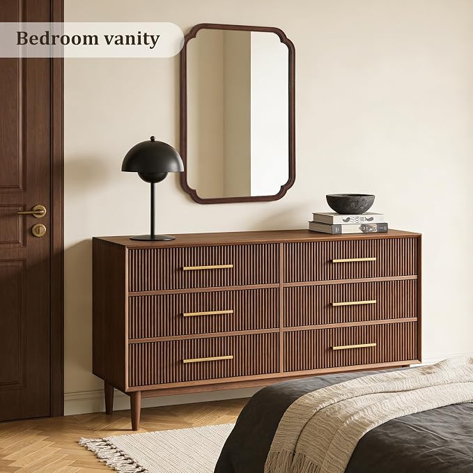 28" x 40" Wood Bathroom Mirror for Wall Mounted, Rustic Rounded Corner Vanity Mirror for Entryway, Living Room or Bedroom Home Decorative [28" x 40" Walnut Color]
