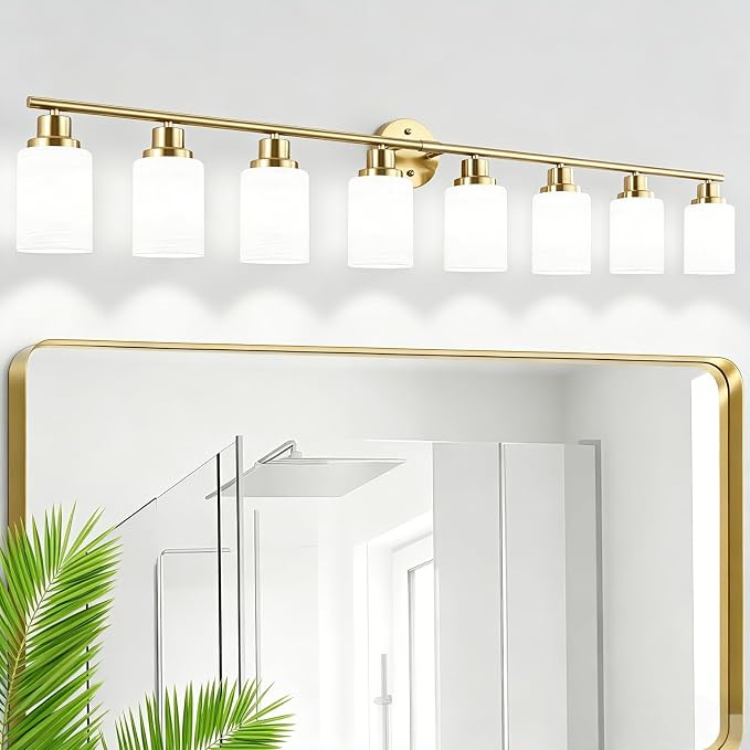 8-Light Vanity Lights, Brushed Gold Bathroom Light Fixture with Striped Textured Milky White Glass Shade, Modern Vanity Lighting Fixture for Bathroom Wall Light Over Mirror, E26 Wall Sconce