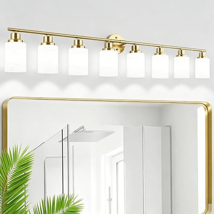 8-Light Vanity Lights, Brushed Gold Bathroom Light Fixture with Striped Textured Milky White Glass Shade, Modern Vanity Lighting Fixture for Bathroom Wall Light Over Mirror, E26 Wall Sconce