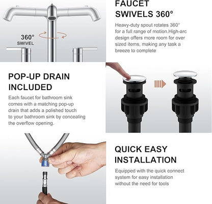 KENES Pull Down Bathroom Faucet with Sprayer, Chrome 8 Inch 2 Handle Widespread Bathroom Faucet 3 Hole with Pull Out Sprayer, Vanity Faucet with Pop Up Drain & Supply Lines LJ-9058A-5