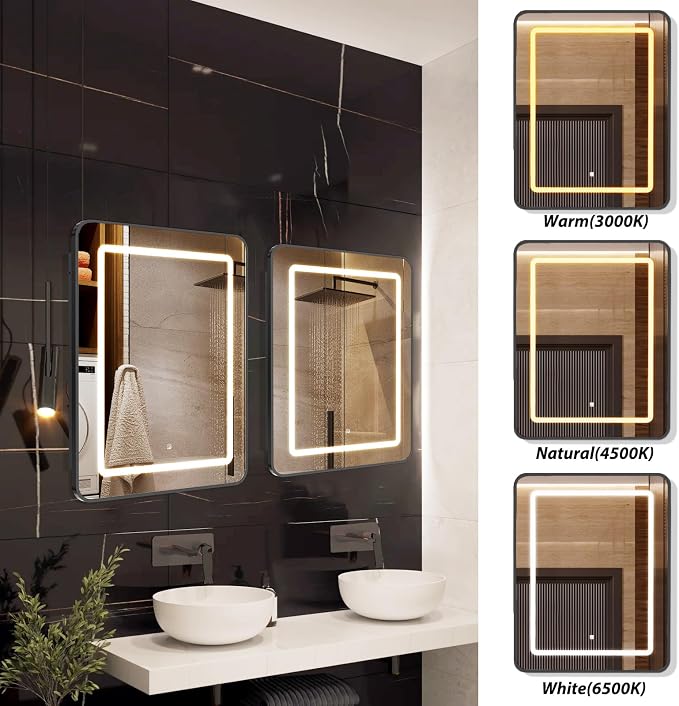 APRILSOUL 24x30 Inch Lighted Bathroom Medicine Cabinet with Mirror, Black Recessed or Surface Mount Medicine Cabinet Mirror with Storage and LED Lights, 3 Colors Temperature, Dimmable Light