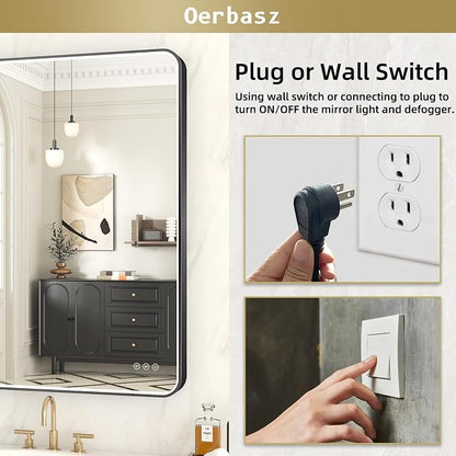 LED Mirror for Bathroom 40X28 Inch Black Framed with Anti-Fog, Stepless Dimmable, Front Lit, LED Bathroom Vanity Mirror for Wall, Memory Function, Shatter-Proof