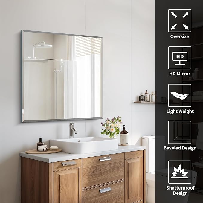 CILIBER Beveled Mirror, 30x30 Square Bathroom Mirrors for Wall, 3mm Tempered Glass Frameless Vanity Mirror Over Sink with Beveled Edge for Bathroom,Bedroom,Living Room and Entryway