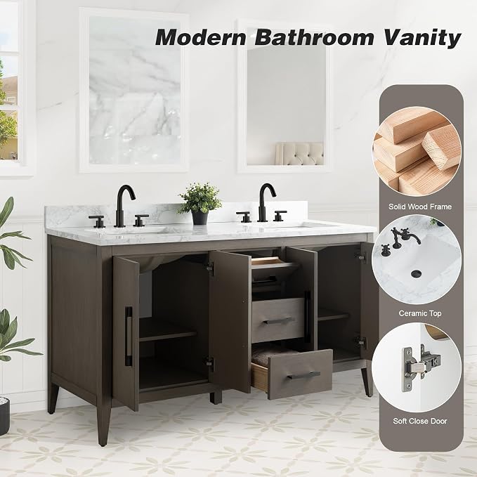 60 Inch Bathroom Vanity with Sink & Ceramic Top, Double Vanity Cabinet with Basin, Soft-Closing Doors & Matte Black Hardware, Driftwood Gray