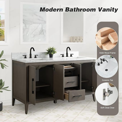 60 Inch Bathroom Vanity with Sink & Ceramic Top, Double Vanity Cabinet with Basin, Soft-Closing Doors & Matte Black Hardware, Driftwood Gray