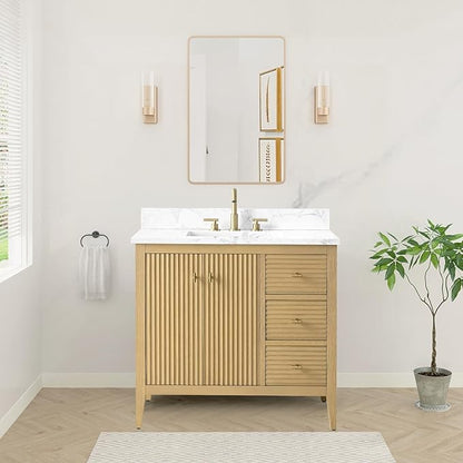 HOMEBEYOND 36" Bathroom Vanity with Sink, Solid Wood Bathroom Vanity Free-Standing Cabinet, Drawers, Ceramic Top & Soft Closing Door, Golden Brushed Handware, Natural Oak