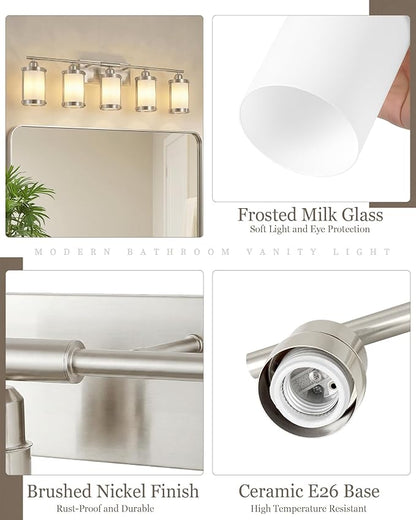 5-Light Brushed Nickel Bathroom Light Fixtures Over Mirror with Frosted Milk Glass and Metal Cage Shade, 38" UL-Listed Modern Farmhouse Wall Sconce for Bath, Hardwire E26, OS-3014BNW-5W