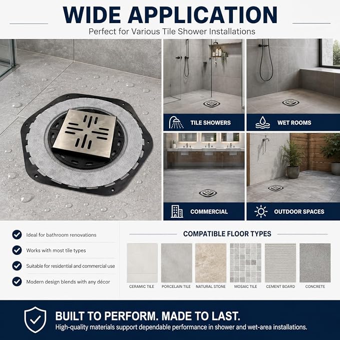 4-Inch Square Shower Drain Kit with Bonding Flange, Brushed Silver | Removable 304 stainless steel grate with hair strainer; fits 2- and 3-inch pipes for tiled shower floors and wet areas