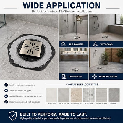 4-Inch Square Shower Drain Kit with Bonding Flange, Brushed Silver | Removable 304 stainless steel grate with hair strainer; fits 2- and 3-inch pipes for tiled shower floors and wet areas