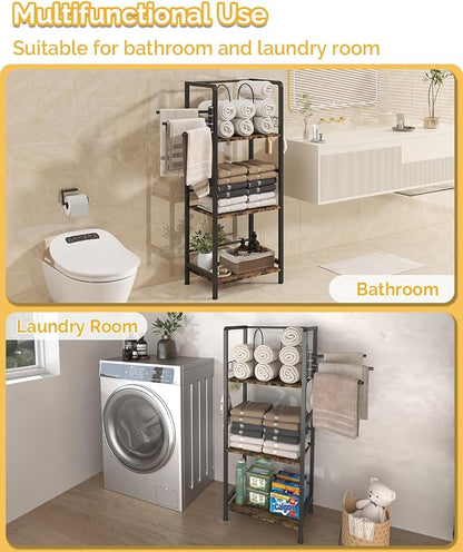 Mondazie Towel Racks for Bathroom Storage Shelves Free Standing, Black | 3-Tier Bathroom Towel Rack with 3 Rotating Bars, Pool Towel Holder Stand with Detachable Dividers & 8 Hooks for Poolside