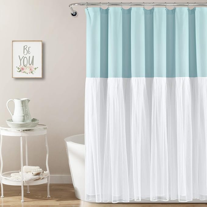 Lush Decor Tulle Skirt Colorblock Shower Curtain Single 72" W x 72" L Spa Blue & White - Fabric Shower Curtains for Bathroom - Cute Bathroom Curtain