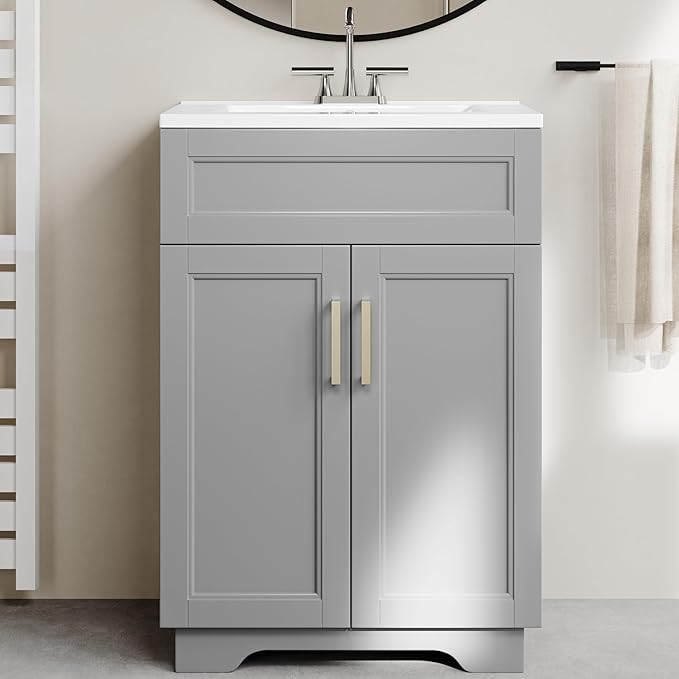 OLD CAPTAIN Double Door Bathroom Vanity with 24 Inch Sink, Quick Assembly Cabinet, White & Grey