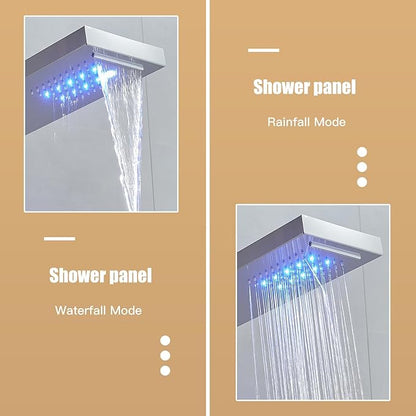 6 in 1 Shower Panel Tower System, Rainfall Shower Tower Systems w/LED and Digital Display Stainless Steel Shower Panels with Waterfall Tub Spout Massage Jets Handheld Head Nickel and Chrome