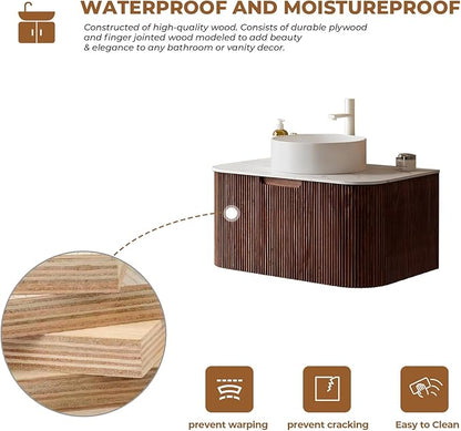 LKTART 24 Inch Floating Bathroom Vanity with Sink, Modern Wall Mounted Bathroom Storage Cabinet with Drawer, Round White Ceramic Sink Top and Marble Texture Top,Walnut