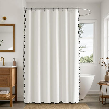 ANRODUO White Scalloped Linen Textured Shower Curtain, W72 x L90 | Boho Farmhouse Shower Curtain with 12 Metal Hooks, Machine Washable Waterproof Heavy Duty Fabric for Bathroom Bathtub