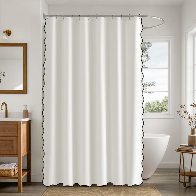 ANRODUO White Scalloped Linen Textured Shower Curtain, W72 x L80 | Boho Farmhouse Shower Curtain with 12 Metal Hooks, Machine Washable Waterproof Heavy Duty Fabric for Bathroom Bathtub