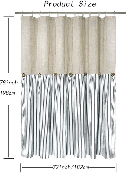 DOSLY Ides Farmhouse Shower Curtain, Beige and Blue Stripe, Button Curtain, Linen and Cotton Woven Fabric, Rustic Charm Country Chic Style, 72x78 in