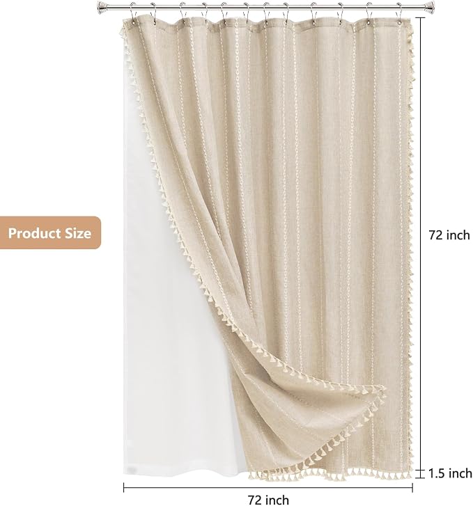 Seenus Boho Farmhouse Shower Curtain and Fabric Liner Set, Heavyweight Linen Textured Fabric Shower Curtain Beige with Tassels, 2 in 1 Waterproof Fabric Shower Curtain Set for Bathroom, 72x72 Inch