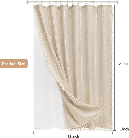 Seenus Boho Farmhouse Shower Curtain and Fabric Liner Set, Heavyweight Linen Textured Fabric Shower Curtain Beige with Tassels, 2 in 1 Waterproof Fabric Shower Curtain Set for Bathroom, 72x72 Inch