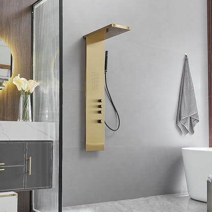 BWE 3 IN 1 Shower Panel Stainless Steel Shower Panel Tower System | Rainfall Shower Head with Handheld Shower and Rain Massage Body Jets Wall Mount Shower System,Brushed Gold