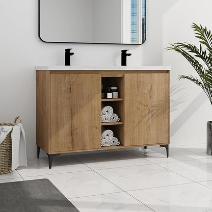 Pvillez 48 inch Double Sink Bathroom Vanity, Freestanding Double Bathroom Vanity with Resin Sink Basin Top, Modern Wood Bathroom Vanity Cabinet with 2 Soft Close Doors & 3 Open Storage Compartments