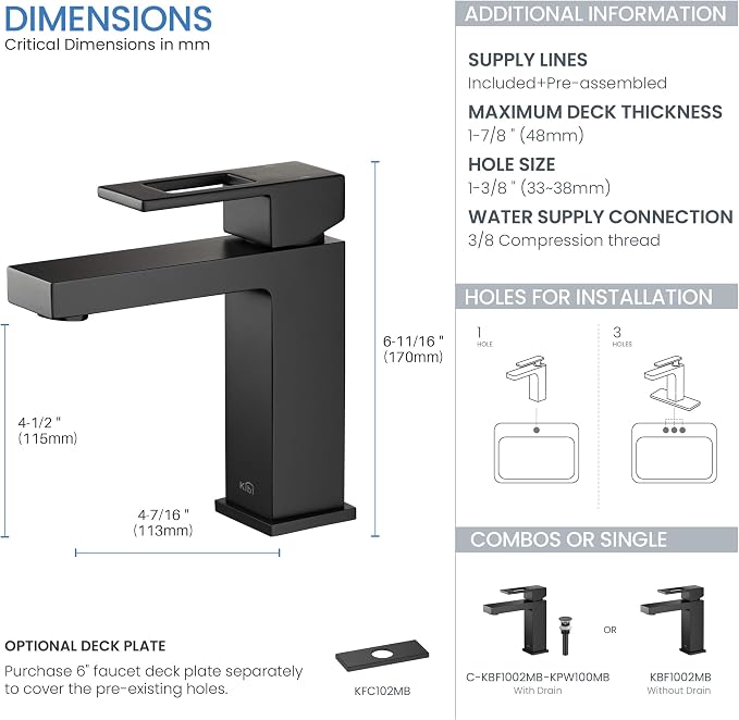 KBF1002 Solid Brass Single Handle Bathroom Sink Faucet, High Arc Cubic Spout Lavatory Faucet in Matte Black | Corrosion-Resistant, Modern Design, Easy to Install