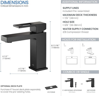 KBF1002 Solid Brass Single Handle Bathroom Sink Faucet, High Arc Cubic Spout Lavatory Faucet in Matte Black | Corrosion-Resistant, Modern Design, Easy to Install