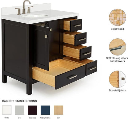 ARIEL Cambridge 36-inch Bathroom Vanity with Sink,Solid Wood, 1.5-inch Pure White Quartz Countertop & Backsplash, Single Oval Porcelain Sink, 2 Soft Closing Doors, 5 Dovetail Drawers, Espresso