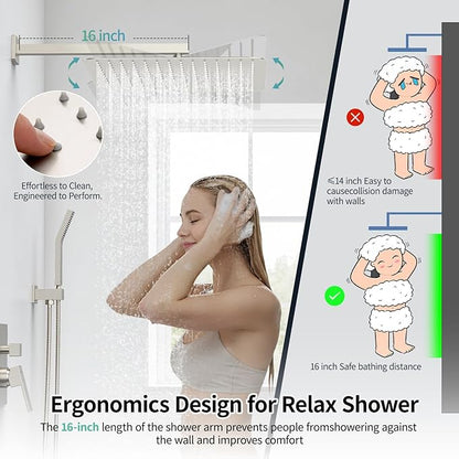SR SUN RISE Shower Faucet - 16 Inch Rain Shower System - All Metal Shower Fixtures - Brushed Nickel