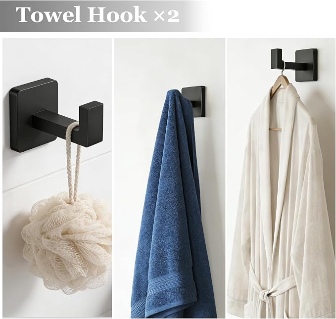 5-Pieces Wall Mount Bathroom Hardware Set,23.6in Towel Bar Set,Matte Black | Waterproof Stainless Steel Bathroom Accessories,Toilet Paper Holder with Shelf,Towel Ring,Coat Hook